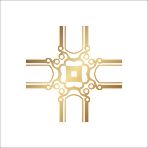 豪华装饰的标识。黄金的 logo，花几何风格化。简单的几何符号