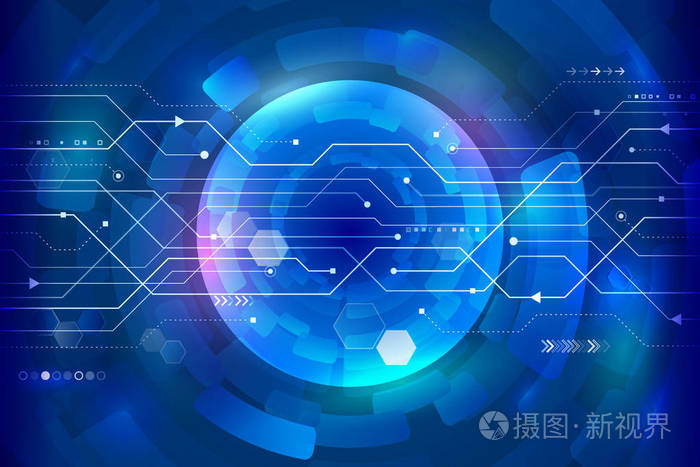 抽象的未来派电路板.在蓝色背景上的高科技数字通信概念.现代技术风格