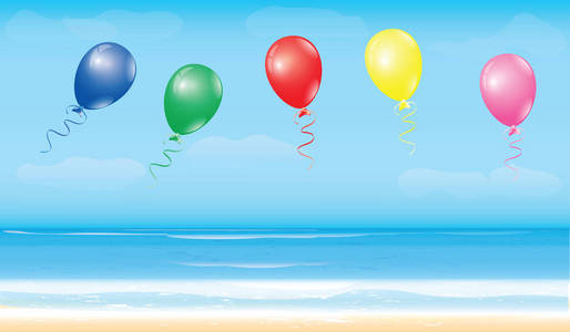 景观海海岸蓝色波浪冲浪五颜六色的气球艺术抽象创意现代矢量图