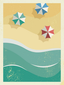 老式复古 grunge 边缘夏季度假或党海报或明信片模板与阳光沙滩，大海，海浪和遮阳伞