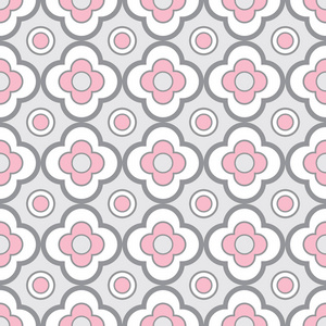 抽象几何无缝模式与花卉点缀在玫瑰粉红和灰色的颜色