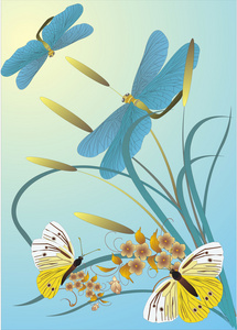 蝴蝶蜻蜓和花