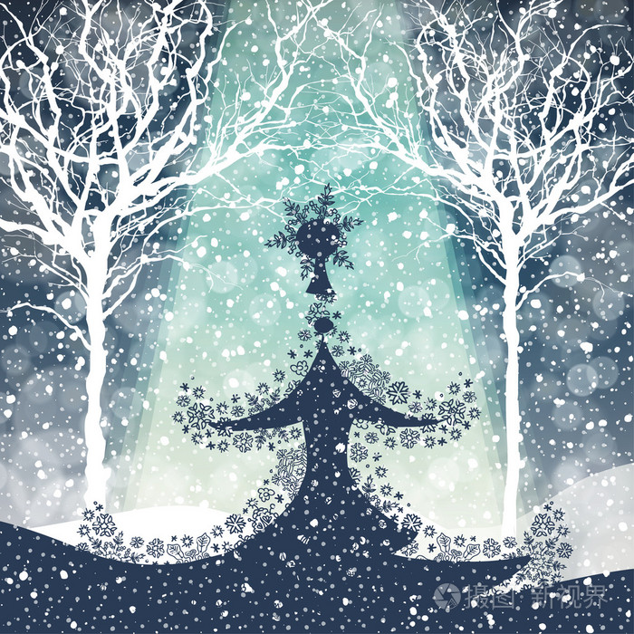圣诞快乐圣诞树与飘落的雪花插画-正版商用图片00gkrv