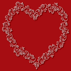 矢量花卉框架在红色背景上的心的形状