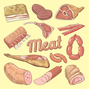 手工绘制的肉嘟嘟，猪肉香肠