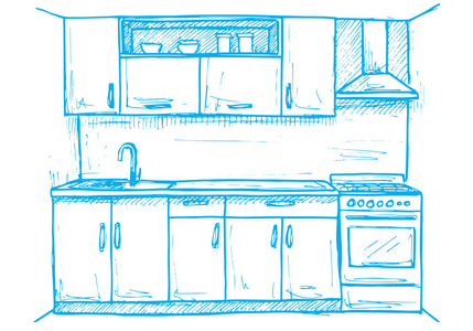 手绘现代厨房家具。在素描风格的矢量图