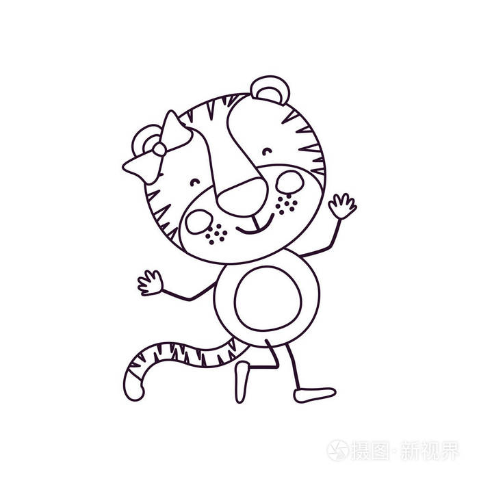 草绘轮廓漫画的可爱的表情女虎妞在舞蹈姿势与弓花边
