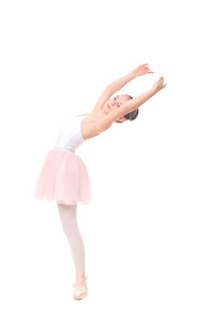 学龄女孩打穿一出芭蕾舞剧，孤立的白色衬底上的装扮