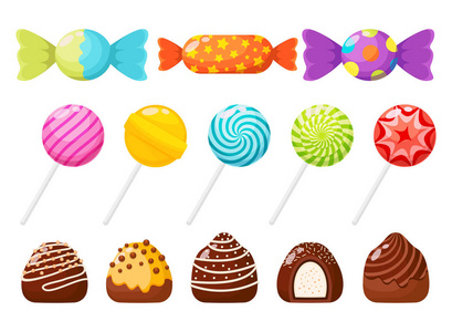 糖果甜品和什锦巧克力糖果和糖果的图标设置在现代平面风格。矢量插图