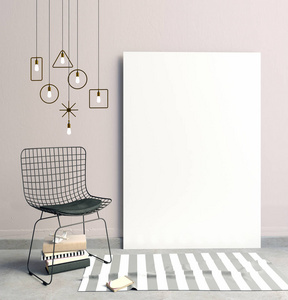 3d 图，现代室内与框架 海报和椅子。p