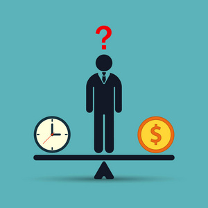商人选择之间的时间或金钱，时间是金钱概念平板彩色插图。矢量
