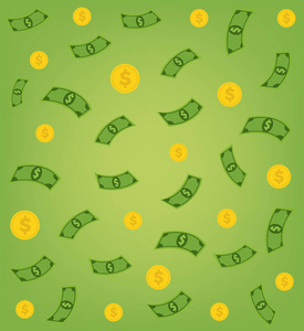 钱纸货币美元和黄金硬币背景。矢量平面卡通插画