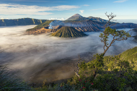 早晨的日出，东 J 溴火山山崩地貌景观