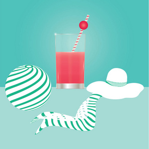 白色的帽子夏季女性红汁玻璃球上浅绿色背景抽象艺术创意现代向量插图。旅游海报