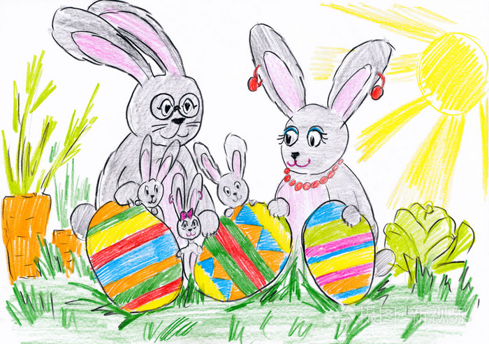 兔子一家与鸡蛋的草地上.儿童画