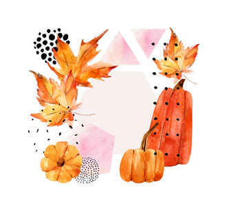 秋季水彩背景有叶子, 南瓜, 三角形, 六边形, 圆形。手拉落叶, 涂鸦, 水色, 涂鸦纹理为秋季设计。水彩艺术插画
