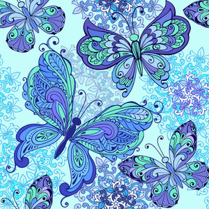 复古蓝色无缝花纹装饰的蝴蝶。织物，纺织，包装纸装饰背景