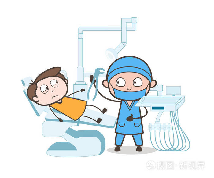 卡通牙医与病人牙萃取过程矢量的概念