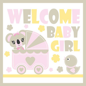 可爱的小宝贝考拉在婴儿推车和鸭玩具矢量卡通插画为婴儿洗澡卡设计