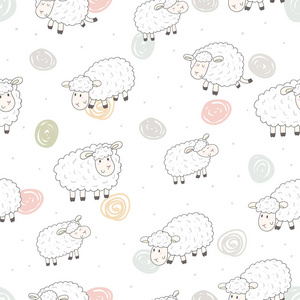 可爱的无缝模式与有趣的羊。矢量图