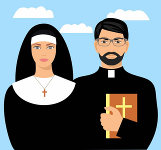 一个年轻的牧师圣经与一名修女。平的卡通插图