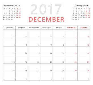 日历企划 2017年 12 月，周星期一开始，矢量设计模板