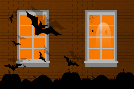 万圣节的场景，与 windows 在夜间，蝙蝠和南瓜来做砖墙矢量背景