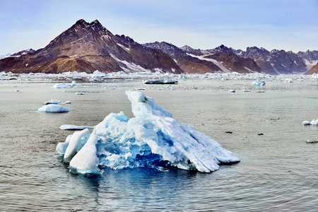 在格陵兰岛峡湾中漂浮的冰山