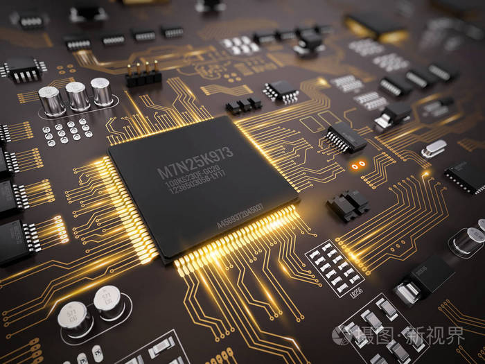 高科技电子 pcb (印刷电路板) 处理器, 芯片与发光数字电子信号.3d 图