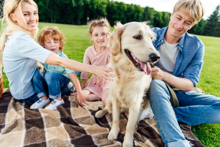 家庭与狗在野餐