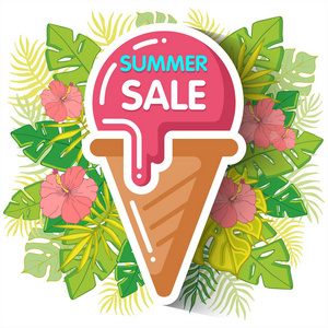 夏天销售背景与热带棕榈叶和冰 cream1