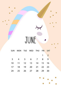 可爱的月日历设计为 2018 年。6 月。A4 格式。矢量