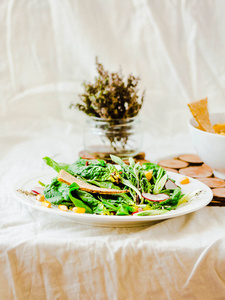 绿色沙拉配芝麻菜和烤鹰嘴豆。健康排毒餐