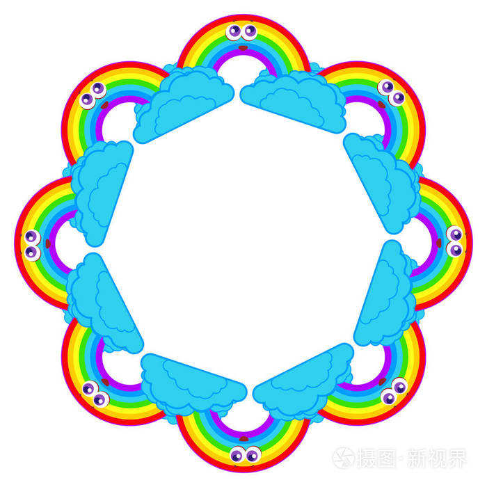 从用蓝色祥云在白色背景上的五彩彩虹花圈