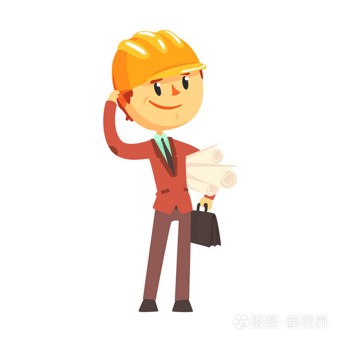 建筑师在硬顶帽子,拿着纸卷卡通人物矢量图生成器