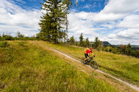山地自行车男子骑在树林和山