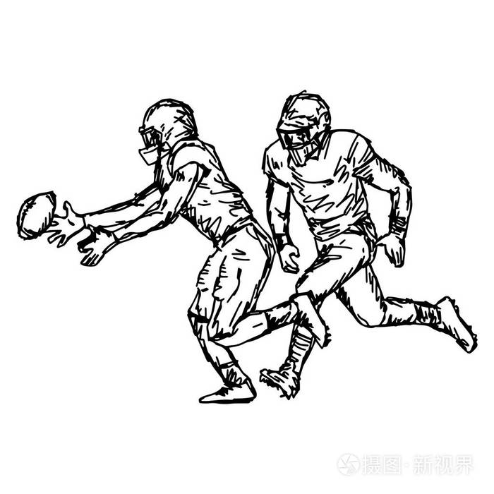 橄榄球足球运动员-矢量图草图手绘与孤立的白色背景上的黑色线条
