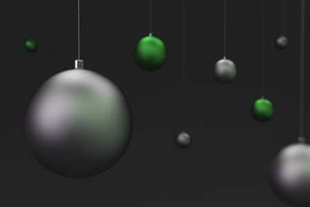 在黑色背景上的绿色和银色圣诞球一套