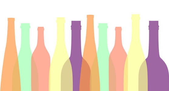 不同形状的多彩的葡萄酒瓶。平面设计插图