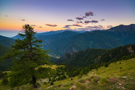 七彩阳光在雄伟的山峰 林地和意大利法国阿尔卑斯山的山谷
