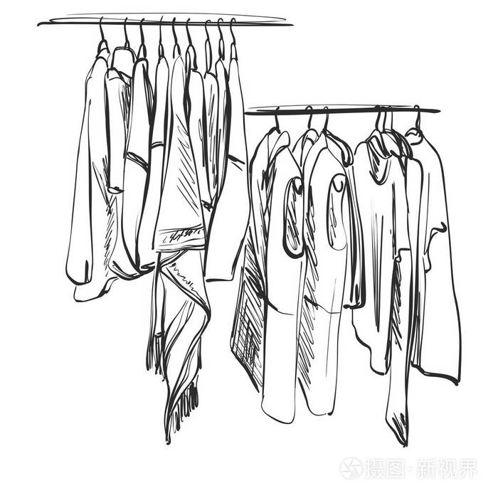 衣柜的素描.在衣架上的衣服