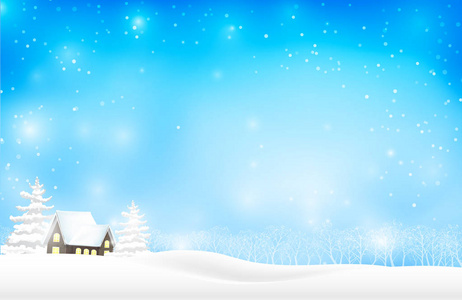 景观的冬天树和房子的雪落在晚上时间 o