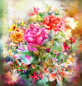 抽象的七彩花朵玫瑰水彩画。在五彩斑斓的春天
