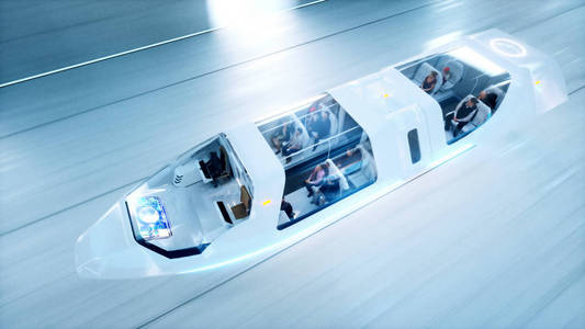 未来飞行总线与人民在 sci fi 隧道，coridor 开得那么快。未来的概念。3d 渲染