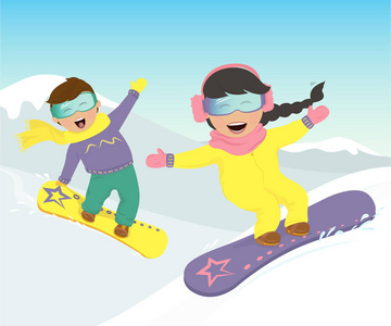女孩和一个男孩在山上滑雪