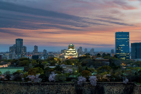 大阪城堡与樱桃开花和中心商务区