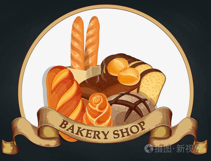 品牌,标签,面包店标志设计在深色背景上.矢量图
