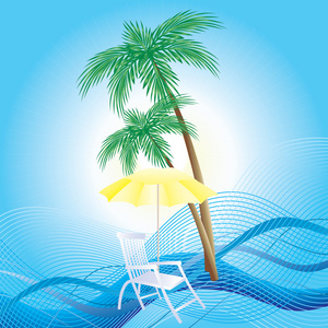 躺椅龙舌伞和棕榈树。