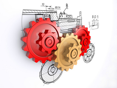 两个金属红色和一个金色齿轮在EN的背景下