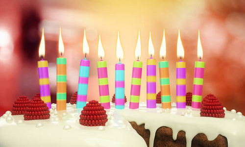 关闭美味的生日蛋糕与蜡烛上模糊的背景。周年纪念的概念。3d 渲染
